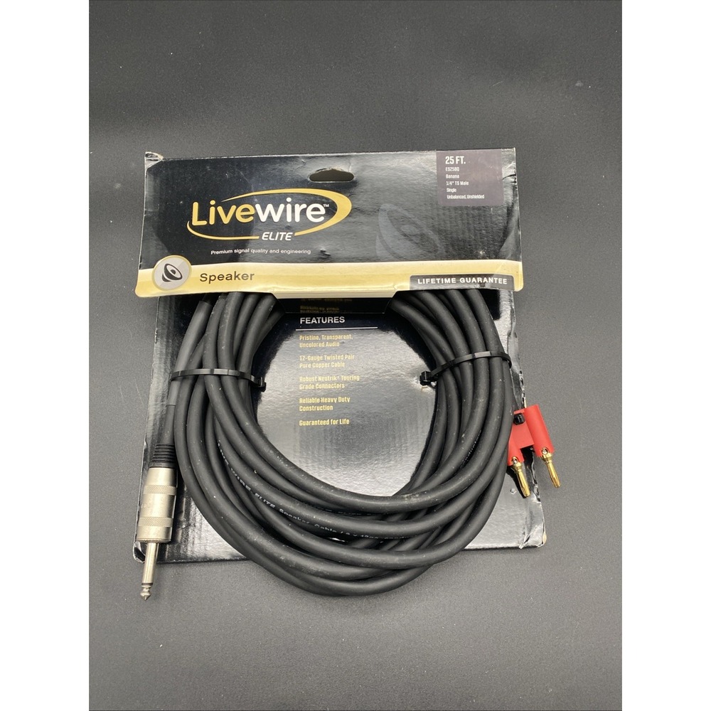 Livewire Elite 12g Speaker Cable Banana to 1/4" Male 25ft. Black‎
